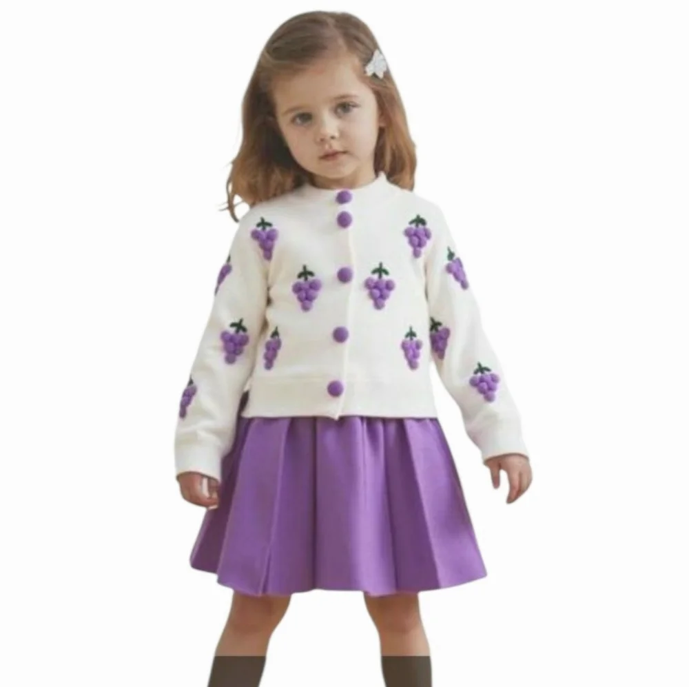 Spring Autumn Girls Grape Pom Pom Longsleeve Cardigan & Pleated Knit Skirt 2Pcs.